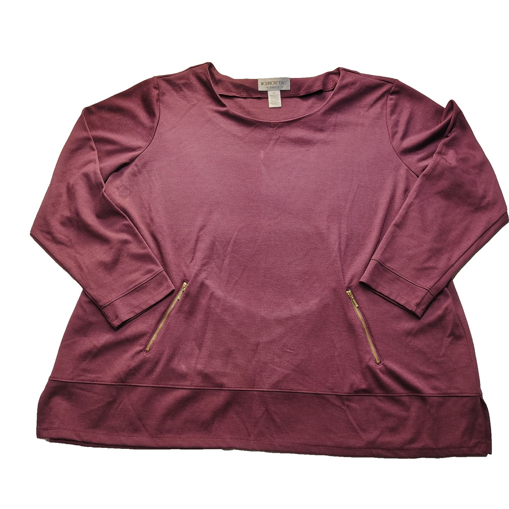 Brownstone Studio Tunic Top Women's Plus 3X Burgundy Gold Zip Neck Long Sleeve